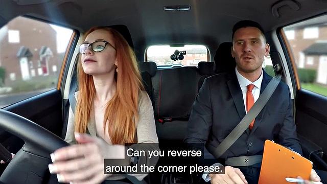 Geeky redhead blows and fucks driving instructor