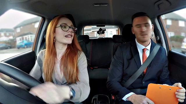 Geeky redhead blows and fucks driving instructor