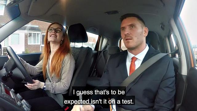 Geeky redhead blows and fucks driving instructor