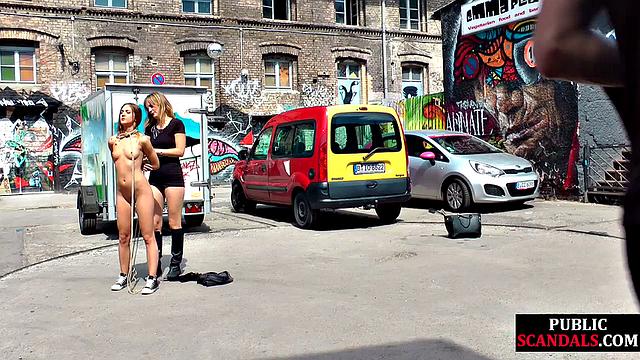Tied chick giving head in public café