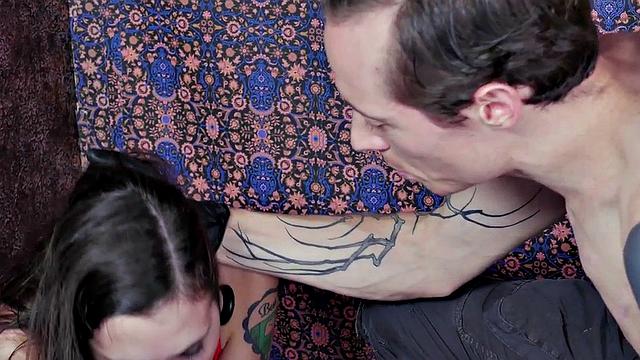 Oral sub deepthroats big cock