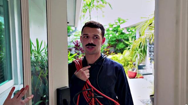 Hot redhead seduces and fucks a repairman in the kitchen