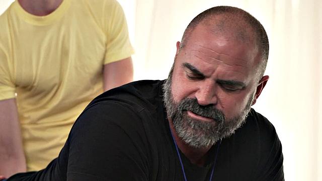 Hairy daddy barebacked in 3some by sexy twinks