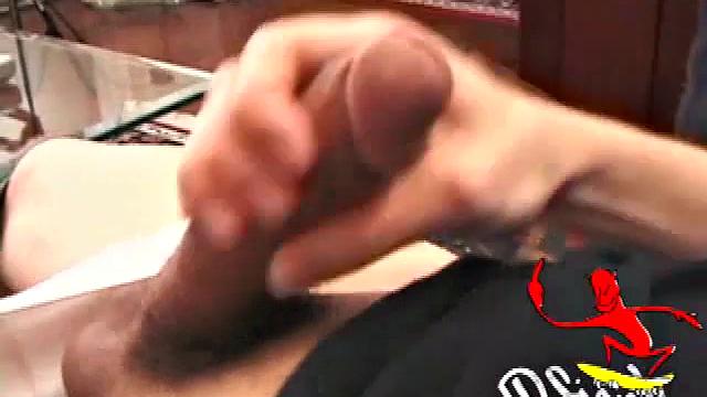 Travis Martinez starts out on the sofa to strip naked and get his dick boned up. Then he is all over the place, as he strokes hard and makes his big balls bounce. Eventually the horny young man blows his load.