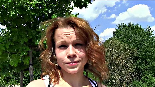 Fit slim redhead sucks and ficks in public