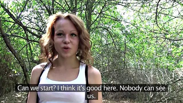 Fit slim redhead sucks and ficks in public