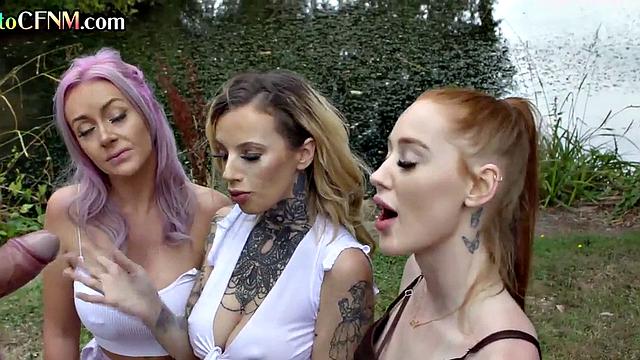 CFNM Brit babes give group public deepthroating