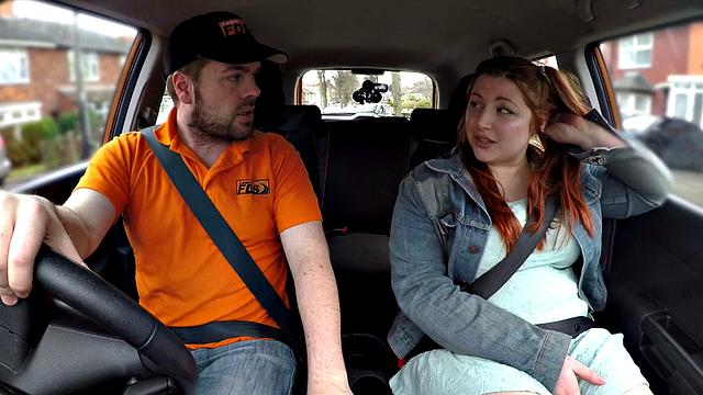 Redhead tattooed babe gets publicly fucked by instructor in car