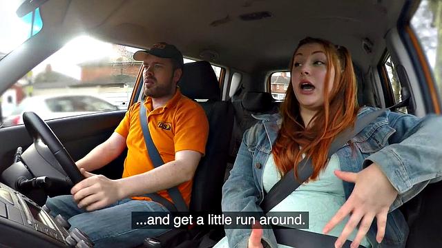 Redhead tattooed babe gets publicly fucked by instructor in car