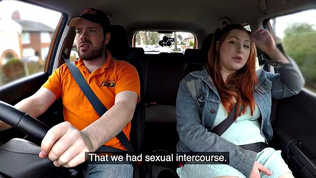 Redhead tattooed babe gets publicly fucked by instructor in car