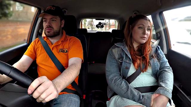 Redhead tattooed babe gets publicly fucked by instructor in car