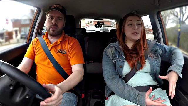 Redhead tattooed babe gets publicly fucked by instructor in car