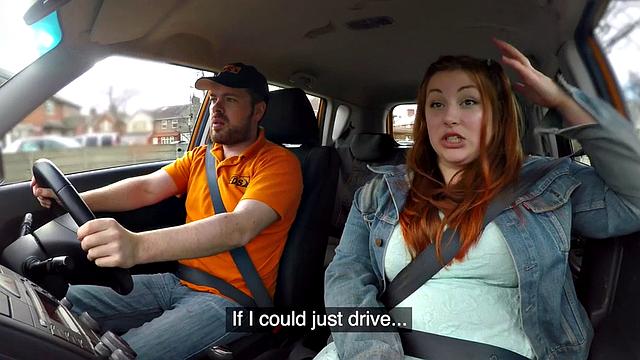 Redhead tattooed babe gets publicly fucked by instructor in car