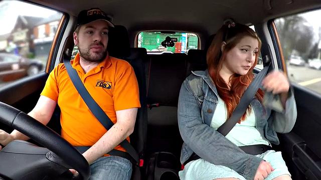 Redhead tattooed babe gets publicly fucked by instructor in car