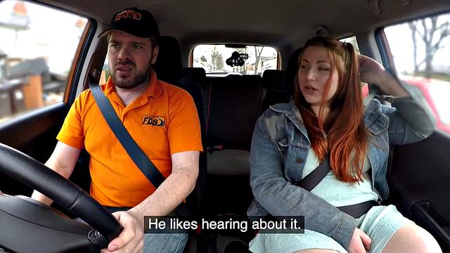 Redhead tattooed babe gets publicly fucked by instructor in car