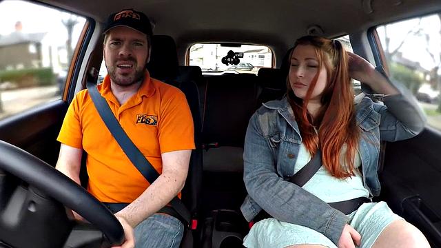 Redhead tattooed babe gets publicly fucked by instructor in car