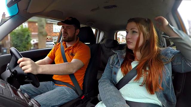 Redhead tattooed babe gets publicly fucked by instructor in car