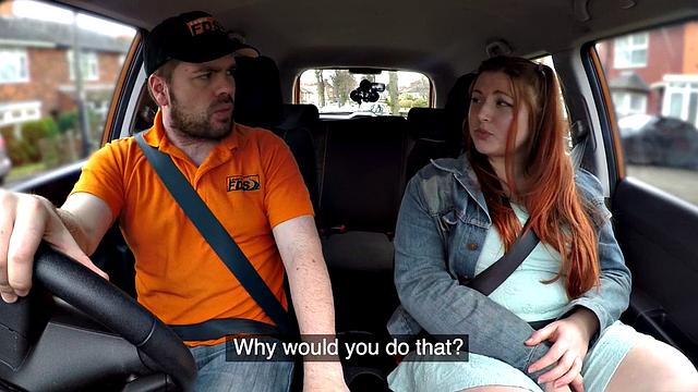 Redhead tattooed babe gets publicly fucked by instructor in car