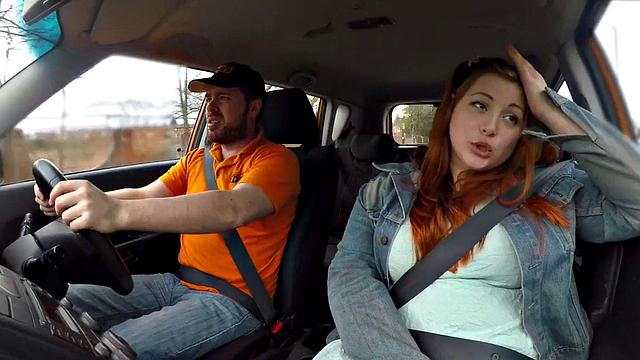 Redhead tattooed babe gets publicly fucked by instructor in car