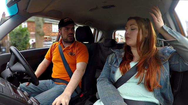 Redhead tattooed babe gets publicly fucked by instructor in car