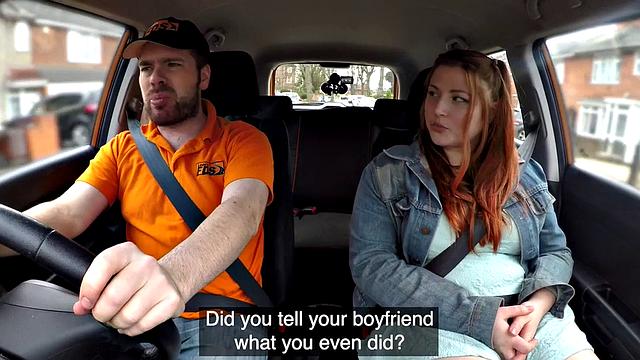 Redhead tattooed babe gets publicly fucked by instructor in car