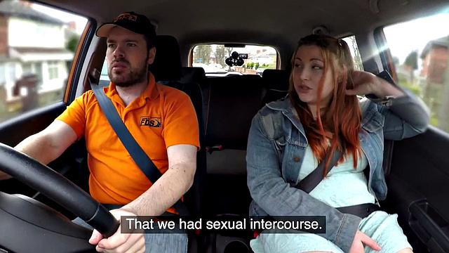 Redhead tattooed babe gets publicly fucked by instructor in car