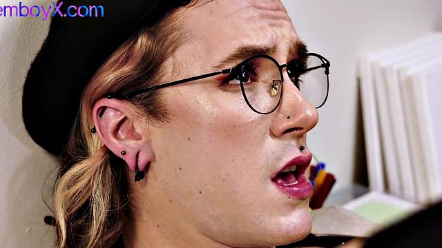 Femboi artist barebacked in gallery by BF until facial