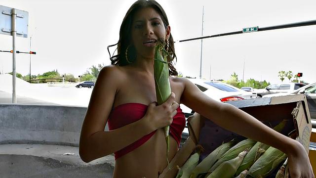 Hot Latina brunette gets her bald pussy pounded in car while wearing thong