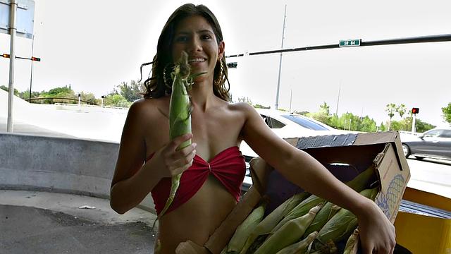 Hot Latina brunette gets her bald pussy pounded in car while wearing thong