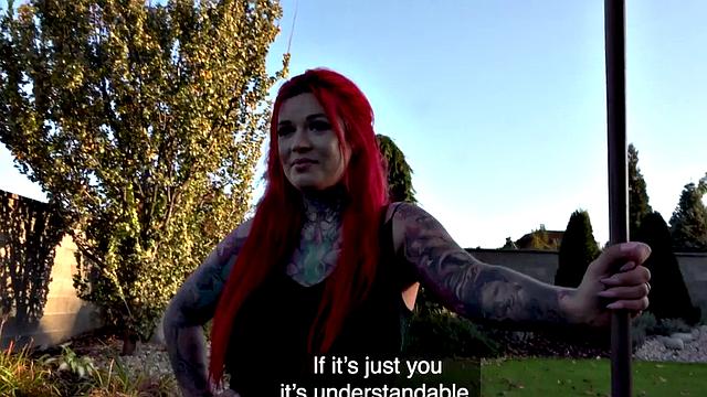 Tattooed chubby eurobabe seduced into outdoor POV sex