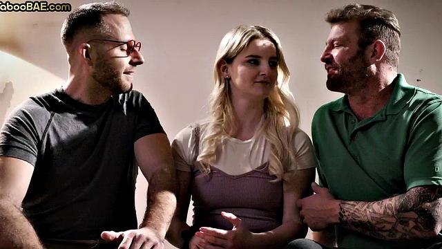 Busty babe got pussyrammed and cum in mouth in 3some