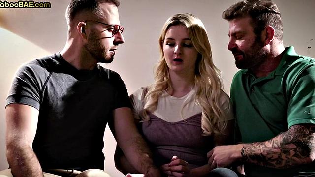 Busty babe got pussyrammed and cum in mouth in 3some