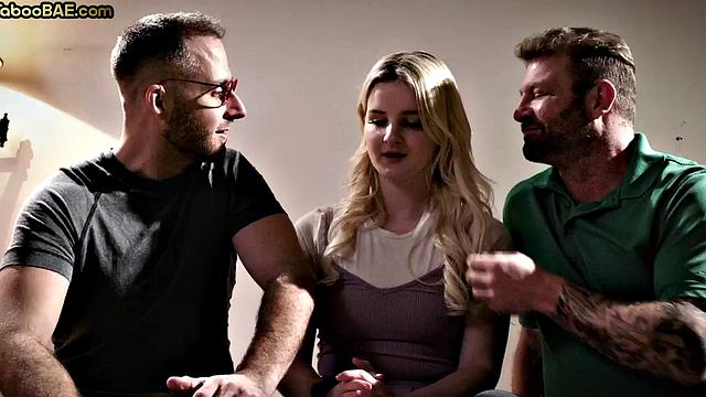 Busty babe got pussyrammed and cum in mouth in 3some