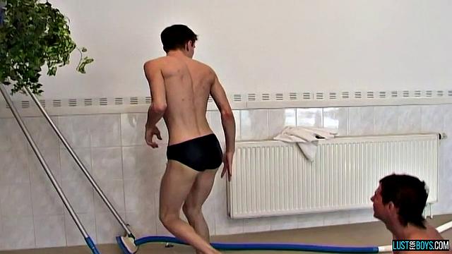 Two guys skip the pool workout and go straight for the bareback fun