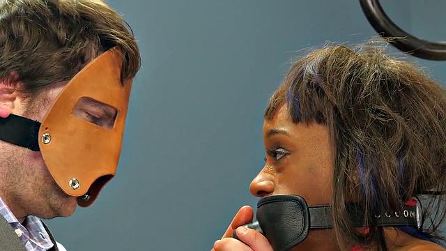 Black babe gags on toy and gets fucked