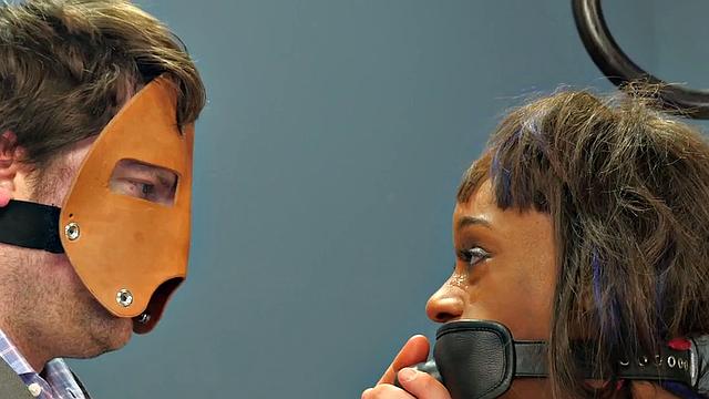 Black babe gags on toy and gets fucked