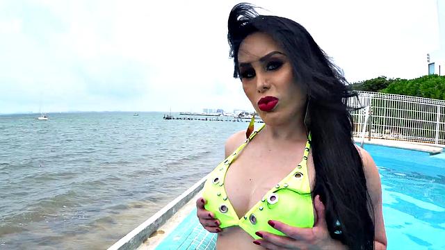 Hot Latina with a round butt takes a raw pounding in doggystyle after a BJ in the pool