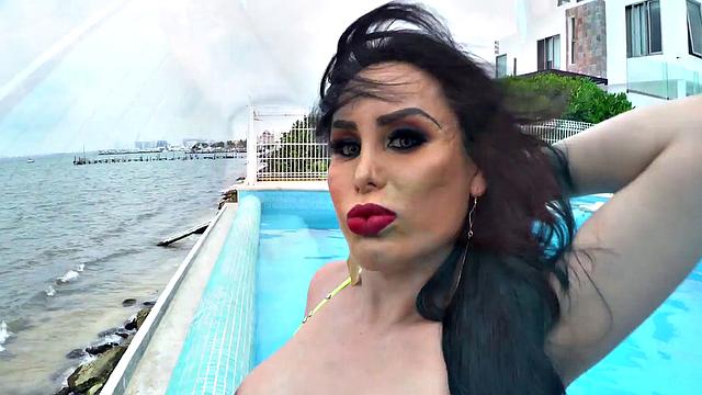 Hot Latina with a round butt takes a raw pounding in doggystyle after a BJ in the pool