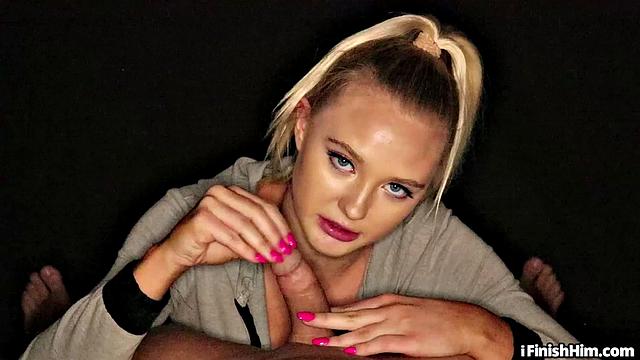 21yo blonde GF sucks BF's cock and licks balls in POV