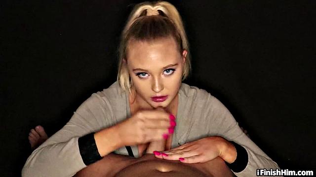 21yo blonde GF sucks BF's cock and licks balls in POV