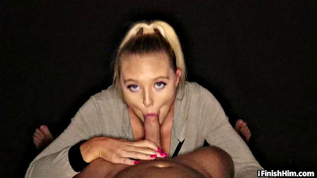 21yo blonde GF sucks BF's cock and licks balls in POV