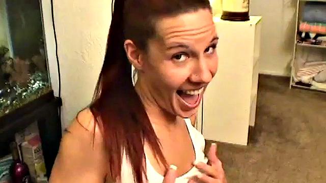 Redhead masturbates in POV then sucks dick