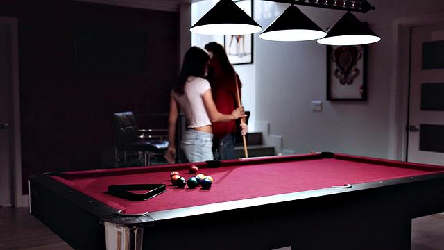 Lesbian MILF and babe enjoy passionate sex on the billiard table