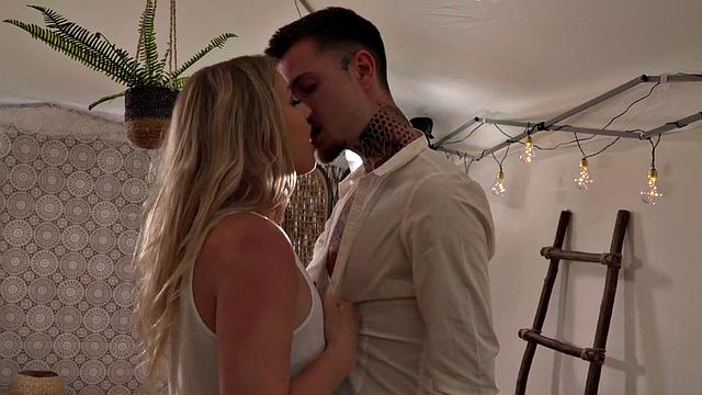 Big boobed blonde babe rides huge cock of her tattooed bf