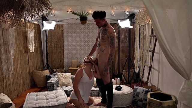 Big boobed blonde babe rides huge cock of her tattooed bf