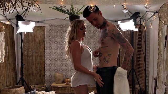 Big boobed blonde babe rides huge cock of her tattooed bf
