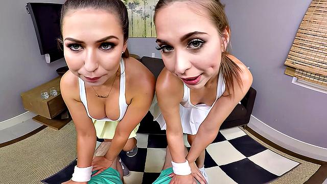 Petite babes, Melissa & Riley, are taking tennis lessons but would rather go back to your place and play