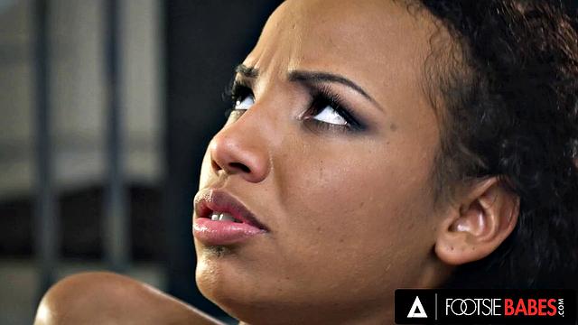 FOOTSIE BABES - Cute Ebony Romy Indy Uses Her Feet To Fuck Her Man