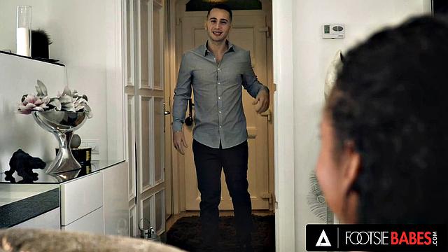 FOOTSIE BABES - Cute Ebony Romy Indy Uses Her Feet To Fuck Her Man