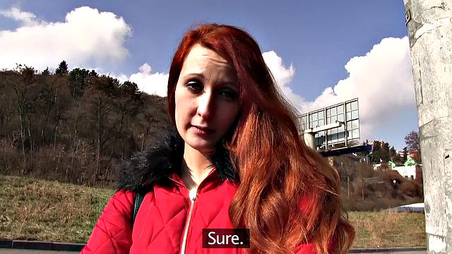 Watch this hot redhead get her tight pussy pounded outside for cash